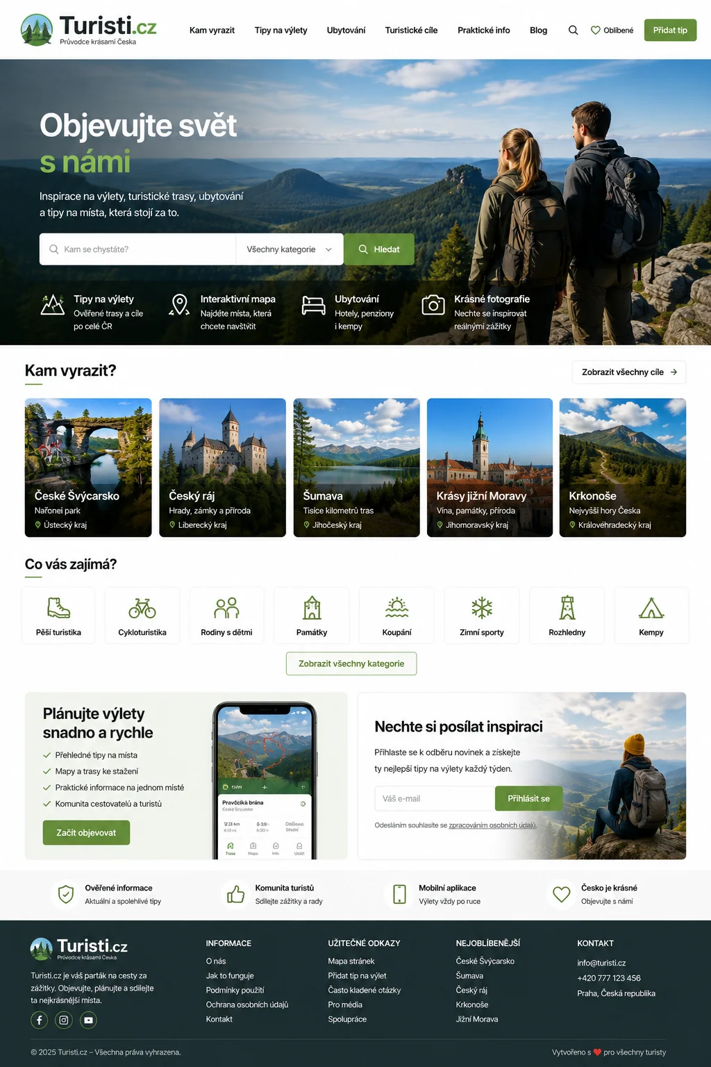 Ilustrační návrh Turisti.cz s výletníky v horách a katalogem českých tras